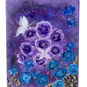 Purple and blue roses on a matching background, with golden toned elements on the bottom base