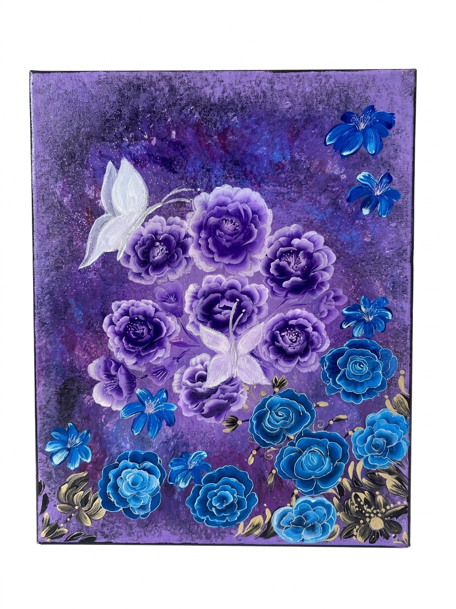 Purple and blue roses on a matching background, with golden toned elements on the bottom base