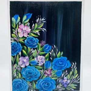 Original acrylic painting on canvas by NAKS by Kayla featuring a lush arrangement of blue roses, green leaves, and intertwined pink flowers set against a dark background, evoking a relaxed, lazy feel.