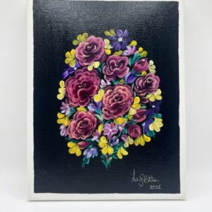 Original acrylic painting on canvas by NAKS by Kayla featuring a bouquet of off-red roses with vibrant yellow complementary flowers set against a dark background