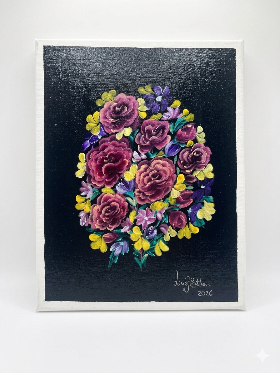 Original acrylic painting on canvas by NAKS by Kayla featuring a bouquet of off-red roses with vibrant yellow complementary flowers set against a dark background