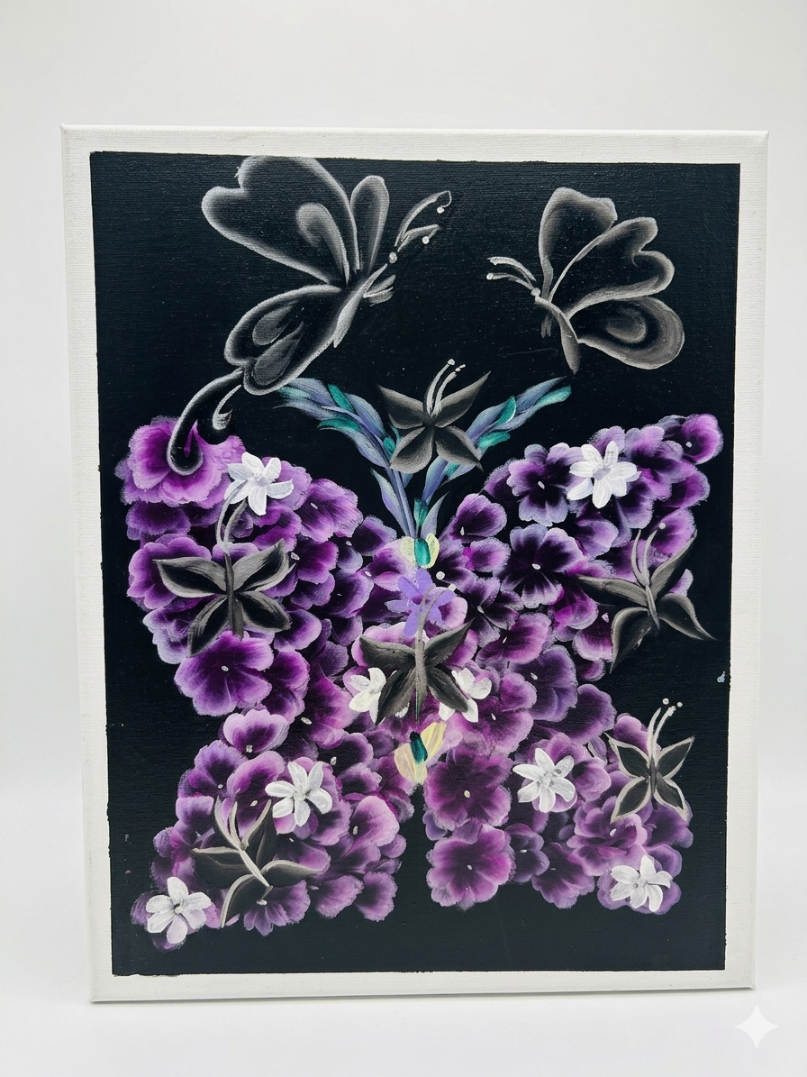 Original acrylic painting on canvas by NAKS by Kayla featuring a large butterfly silhouette formed by textured purple and white floral clusters, with ethereal light blue butterflies and leaves floating against a deep black background.