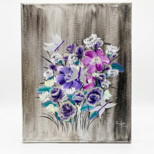 Original acrylic painting on canvas by NAKS by Kayla featuring a striking bouquet of white flowers with butterflies exploring the arrangement, all set against a dark, textural background that resembles static interference.