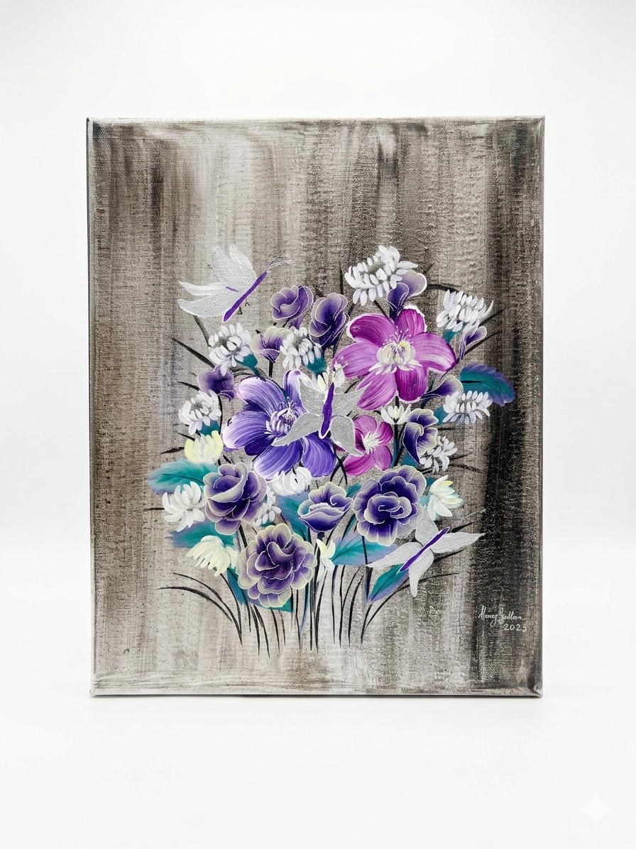 Original acrylic painting on canvas by NAKS by Kayla featuring a striking bouquet of white flowers with butterflies exploring the arrangement, all set against a dark, textural background that resembles static interference.
