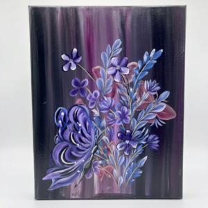 Original acrylic painting on canvas by NAKS by Kayla featuring a dynamic, chaotic arrangement of blue leaves and small flowers, a prominent butterfly in the left corner, and additional butterflies blended into the dark purple background
