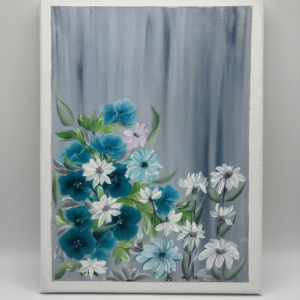 Original acrylic painting on canvas by NAKS by Kayla featuring a bouquet of blue and white daisies set against a moody, rainy-themed blue and grey background