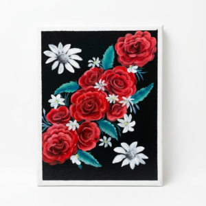 Original acrylic painting on canvas by NAKS by Kayla featuring an intertwined arrangement of vibrant red roses and white daisies against a bold, solid black background.