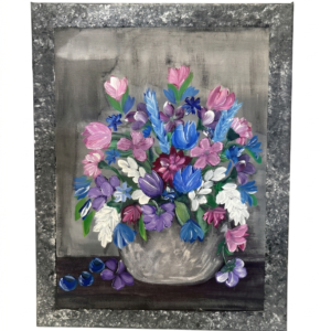 Original acrylic painting on canvas by NAKS by Kayla featuring a bouquet of colourful wildflowers in a vase, framed by a distinct, textured painted border.