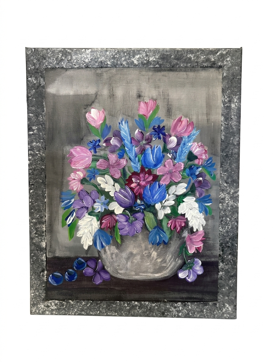 Original acrylic painting on canvas by NAKS by Kayla featuring a bouquet of colourful wildflowers in a vase, framed by a distinct, textured painted border.