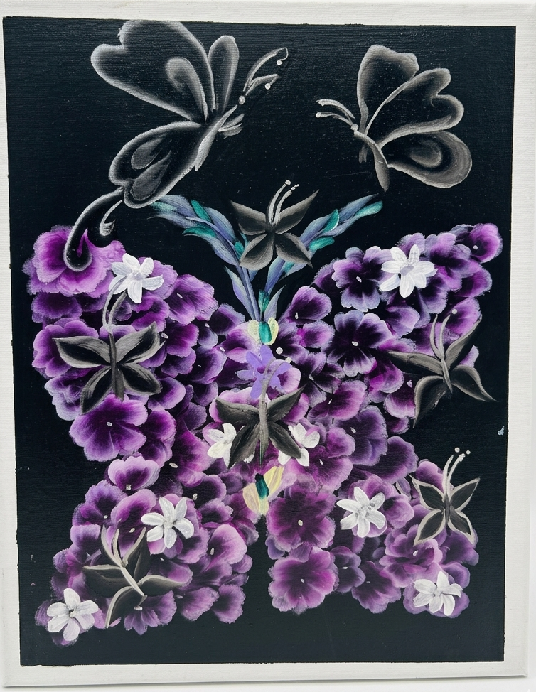 Original acrylic painting on canvas by NAKS by Kayla featuring a large butterfly silhouette formed by textured purple and white floral clusters, with ethereal light blue butterflies and leaves floating against a deep black background.