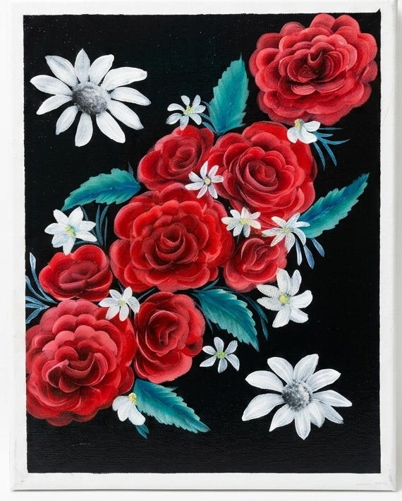 Original acrylic painting on canvas by NAKS by Kayla featuring an intertwined arrangement of vibrant red roses and white daisies against a bold, solid black background.