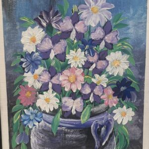 Colourful original acrylic floral painting with textured blooms and a purple vase on a 12x16 inch stretched canvas by NAKSbyKayla.
