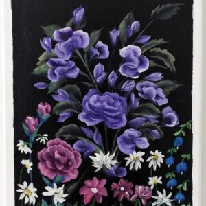 Original acrylic painting featuring large purple flowers with colourful wildflowers on a black background, 8x10 inch canvas by NAKSbyKayla.